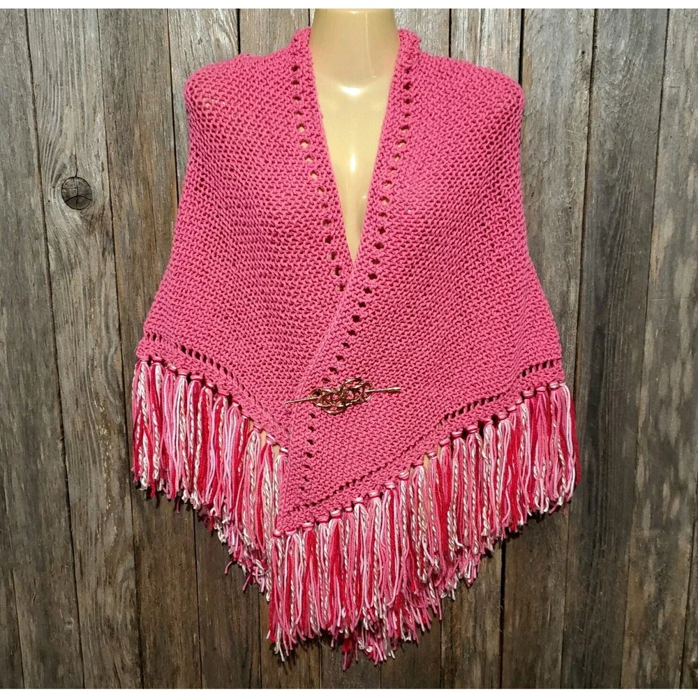 NEW Pink Hand Knitted Shawl Wrap Boho Fringe Cottage‎ Coquette Soft Girl Fairy